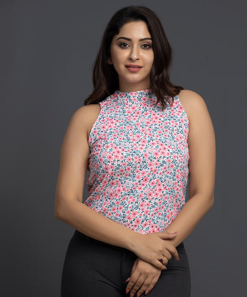 Soft Pink Printed Sleeveless Chiffon Top